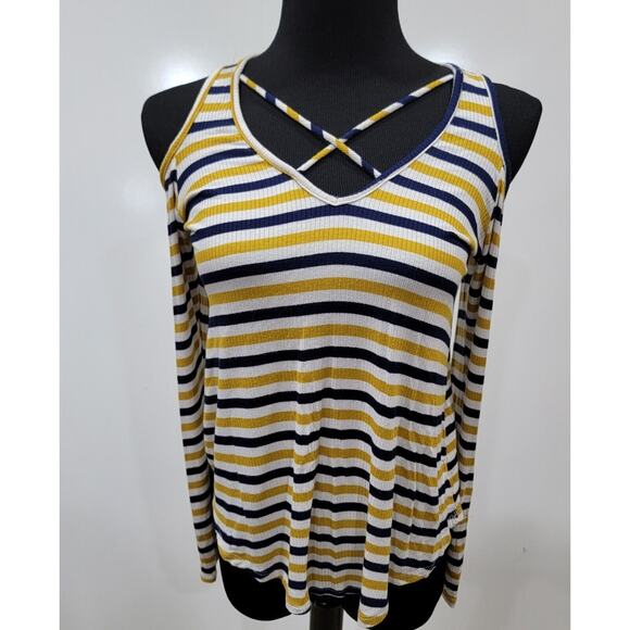 USA Striped Small Cold Shoulder Strappy Vneck Long Sleeve Top Y2K Twee Charming - Picture 1 of 9